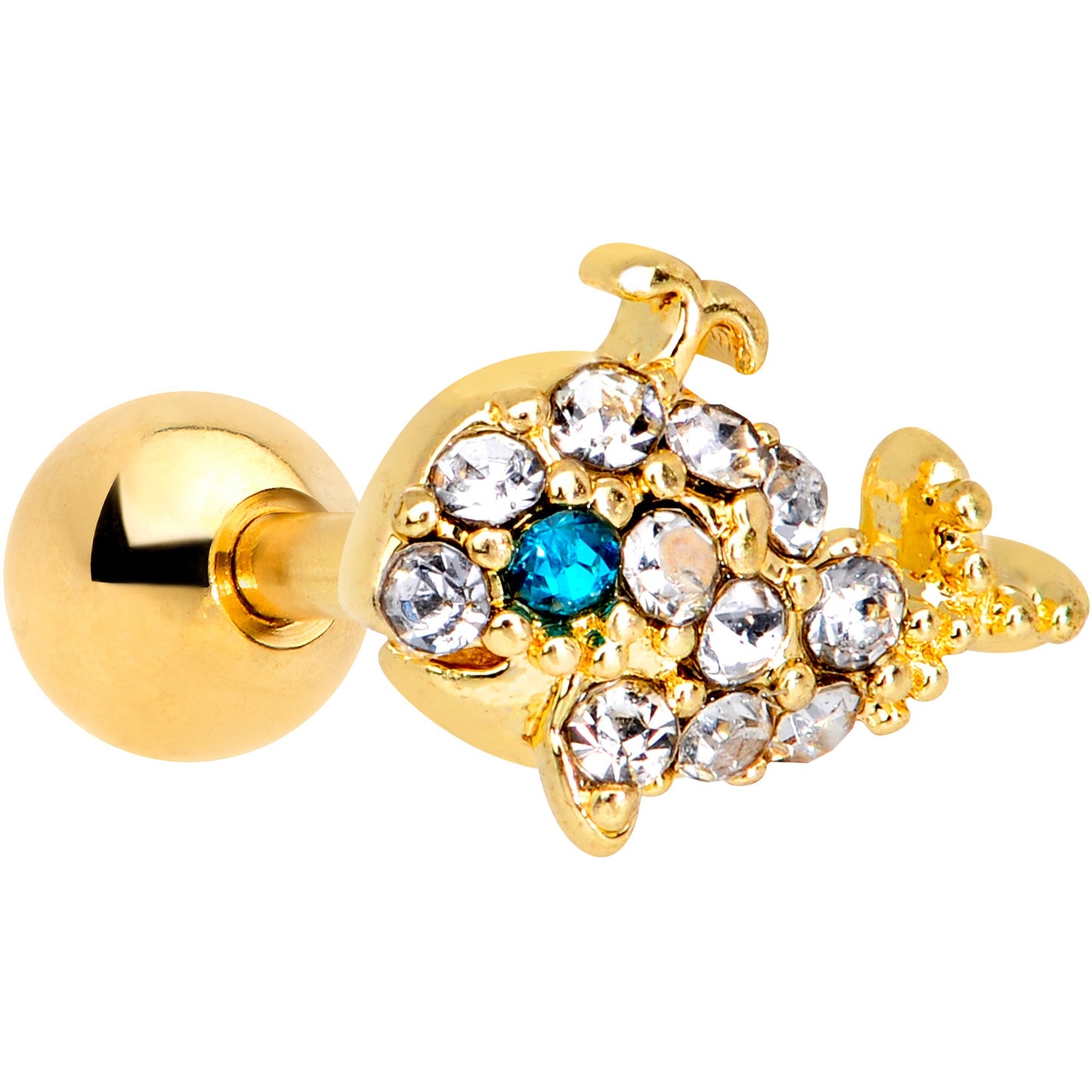 16G 1/4 Clear Aqua Gem Gold Tone Whale Cartilage Tragus Earring