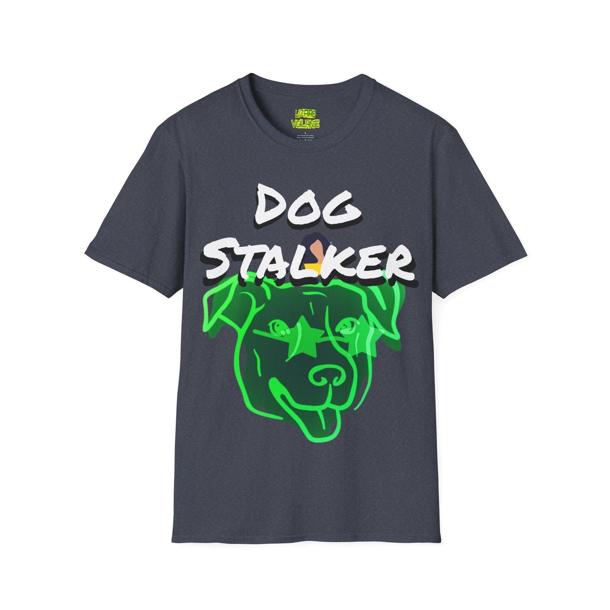 Dog Stalker Woman Photobombing Behind Dog Unisex Softstyle T-Shirt - Lizard Vigilante