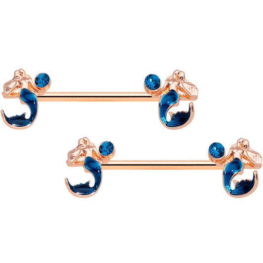 14G 9/16 Aqua Gem Rose Gold Tone Mermaid Nipple Ring Set