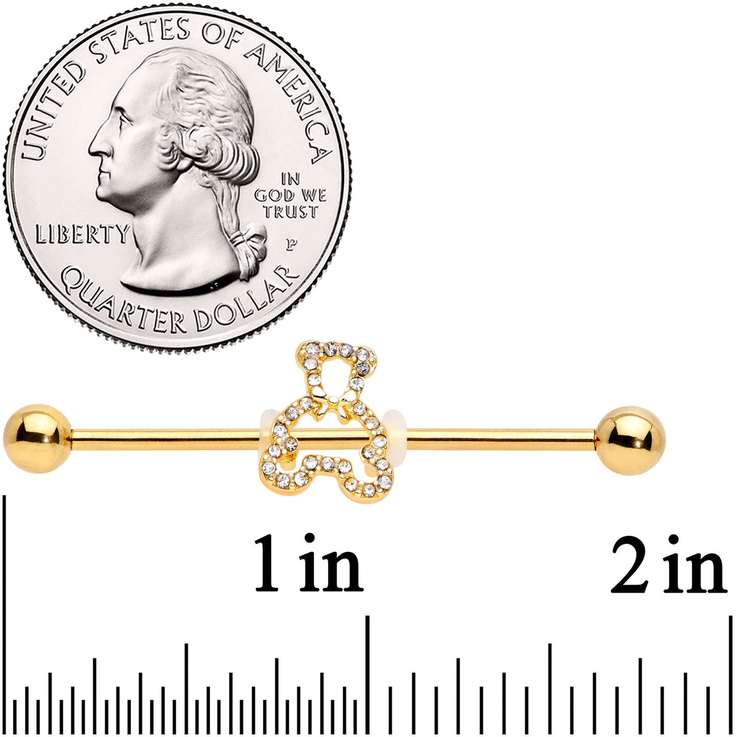 14G Clear Gem Gold Tone Hollow Bear Industrial Barbell 38mm