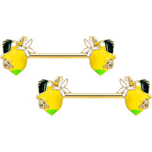 14G 9/16 Gold Tone Lemon Bee Barbell Nipple Ring Set