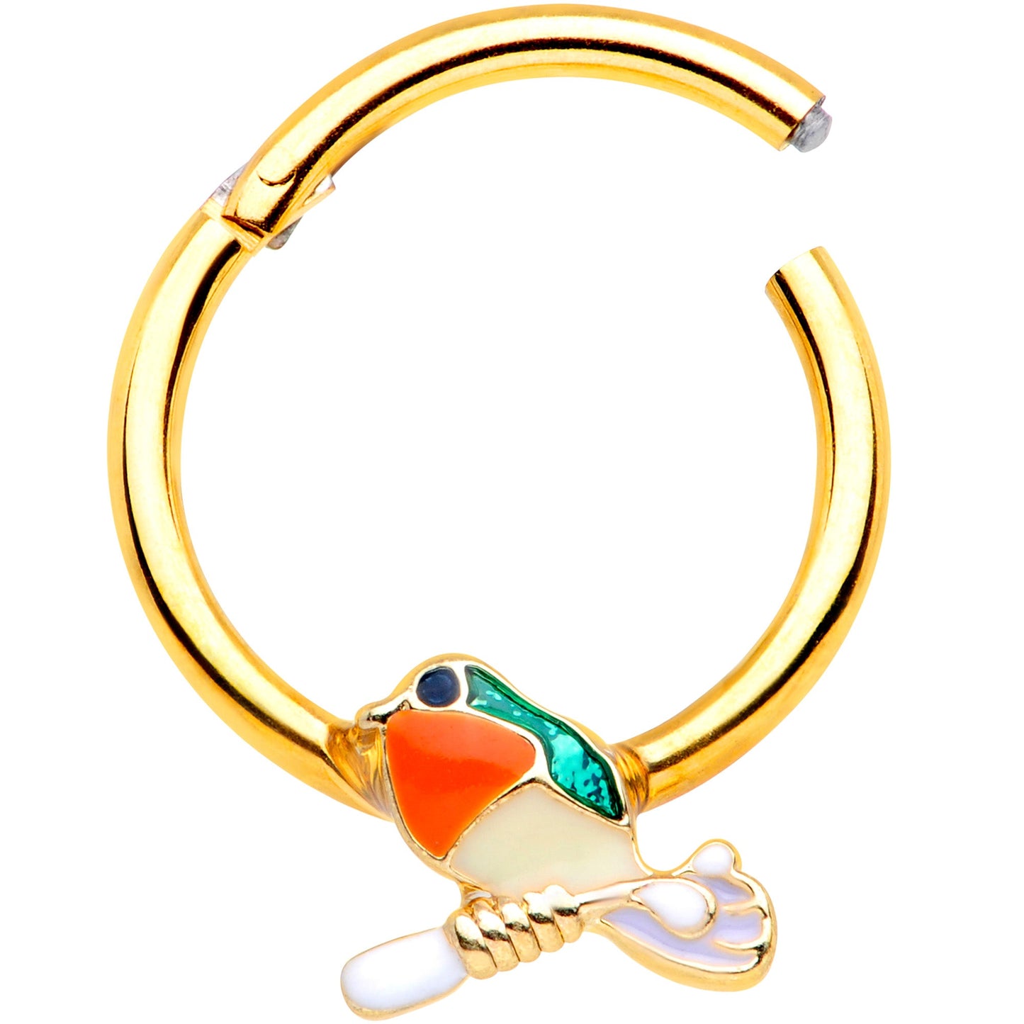 16G 3/8 Green Gem Gold Tone Perched Bird Septum Ring