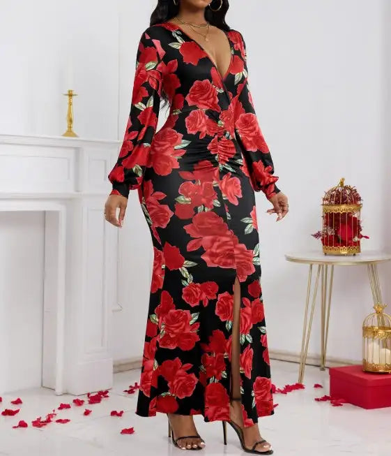 Ladies' V-neck Floral Print Fashionable Hip Hugging Dress