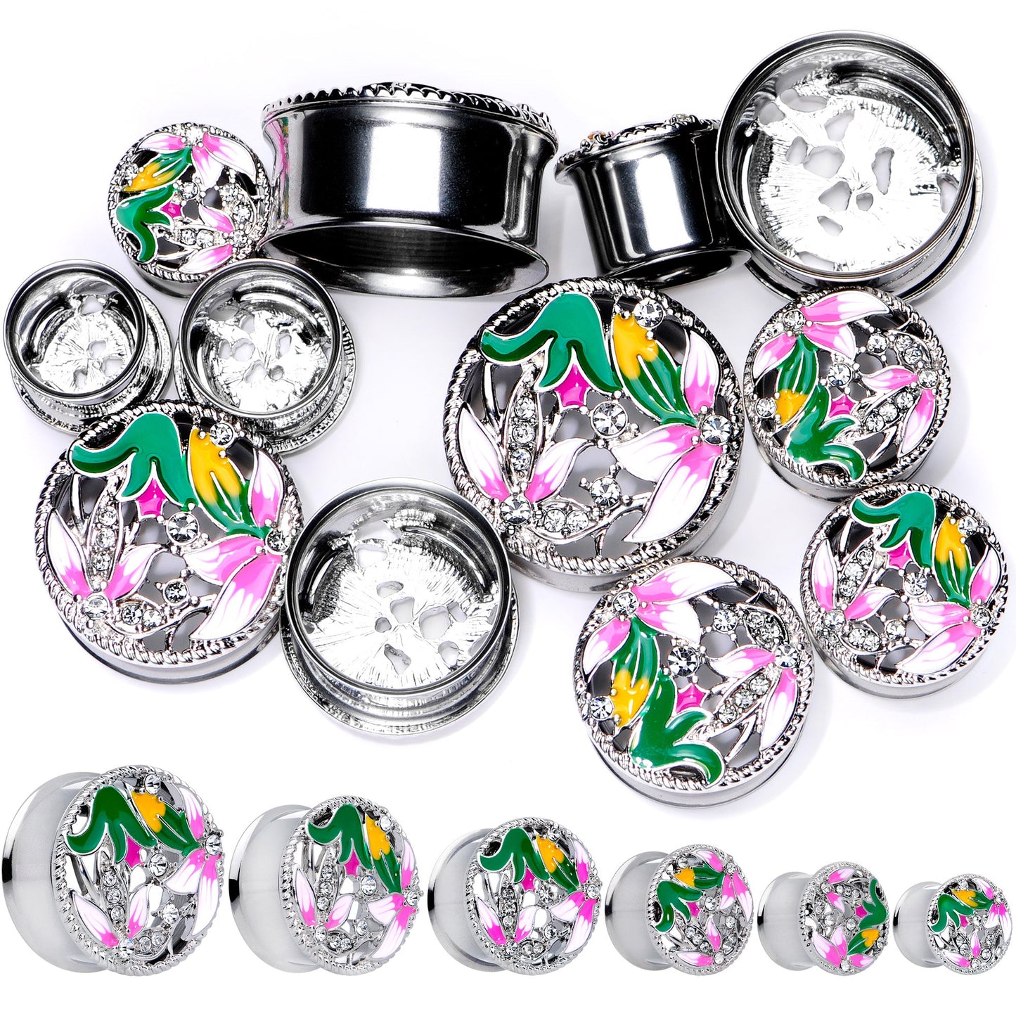 Clear Gem Exotic Garden Flower Double Flare Plug Set