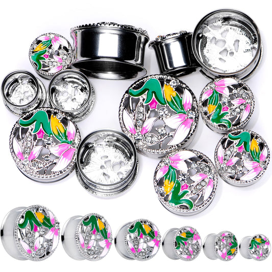 Clear Gem Exotic Garden Flower Double Flare Plug Set