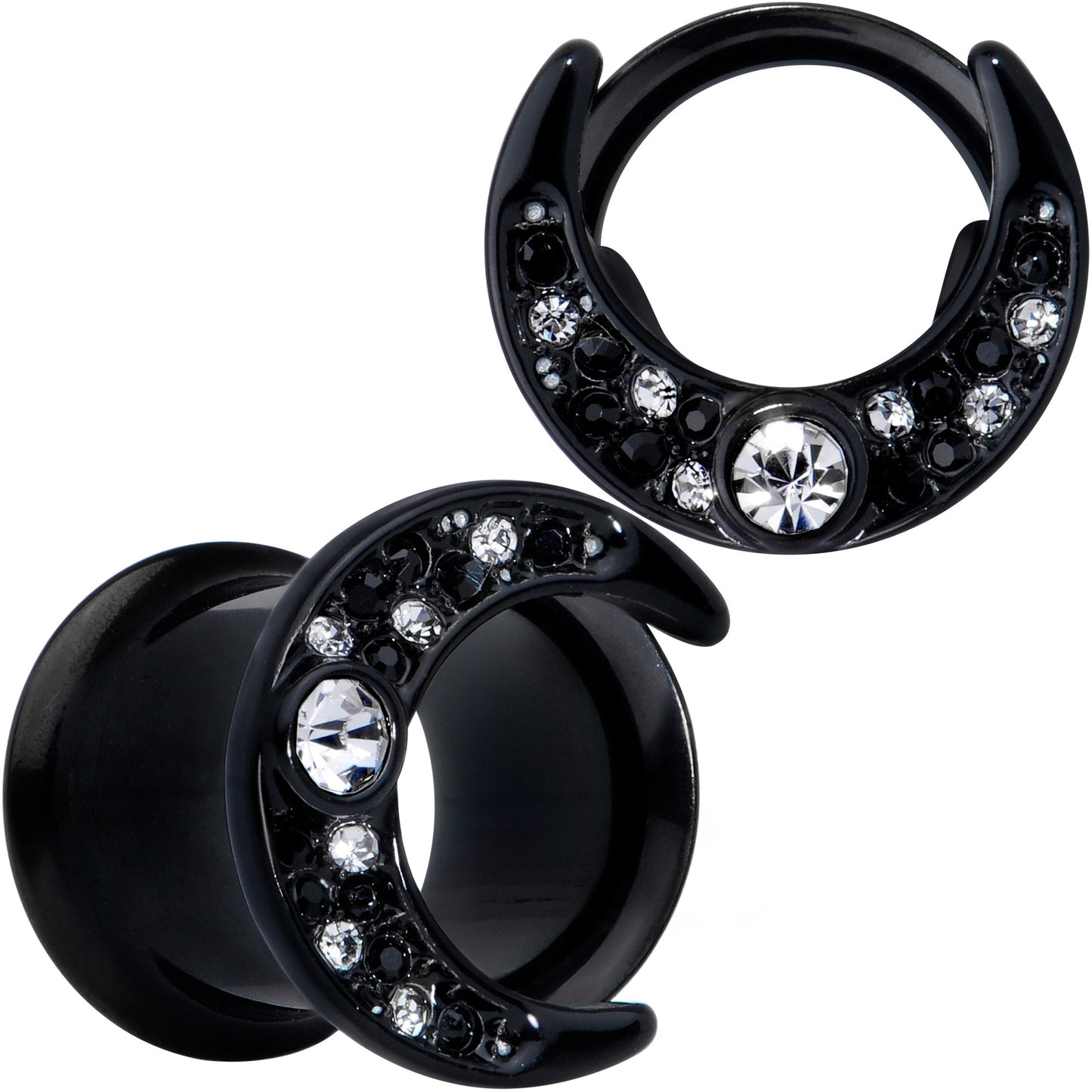 Clear Gem Black Crescent Moon Double Flare Tunnel Plug Set