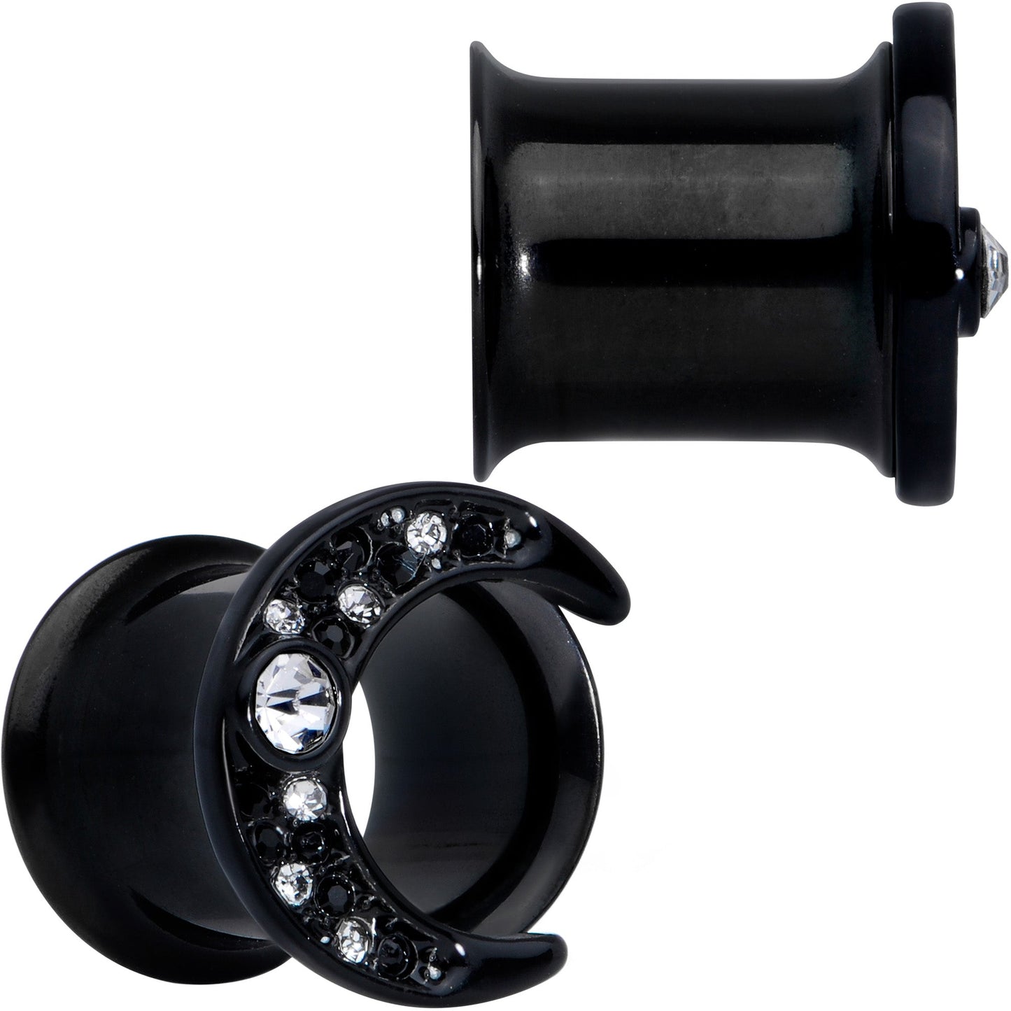 Clear Gem Black Crescent Moon Double Flare Tunnel Plug Set