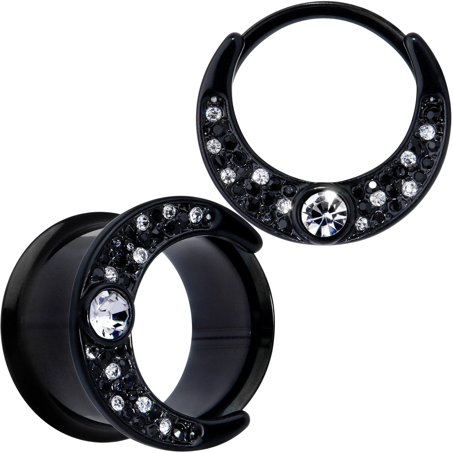 Clear Gem Black Crescent Moon Double Flare Tunnel Plug Set