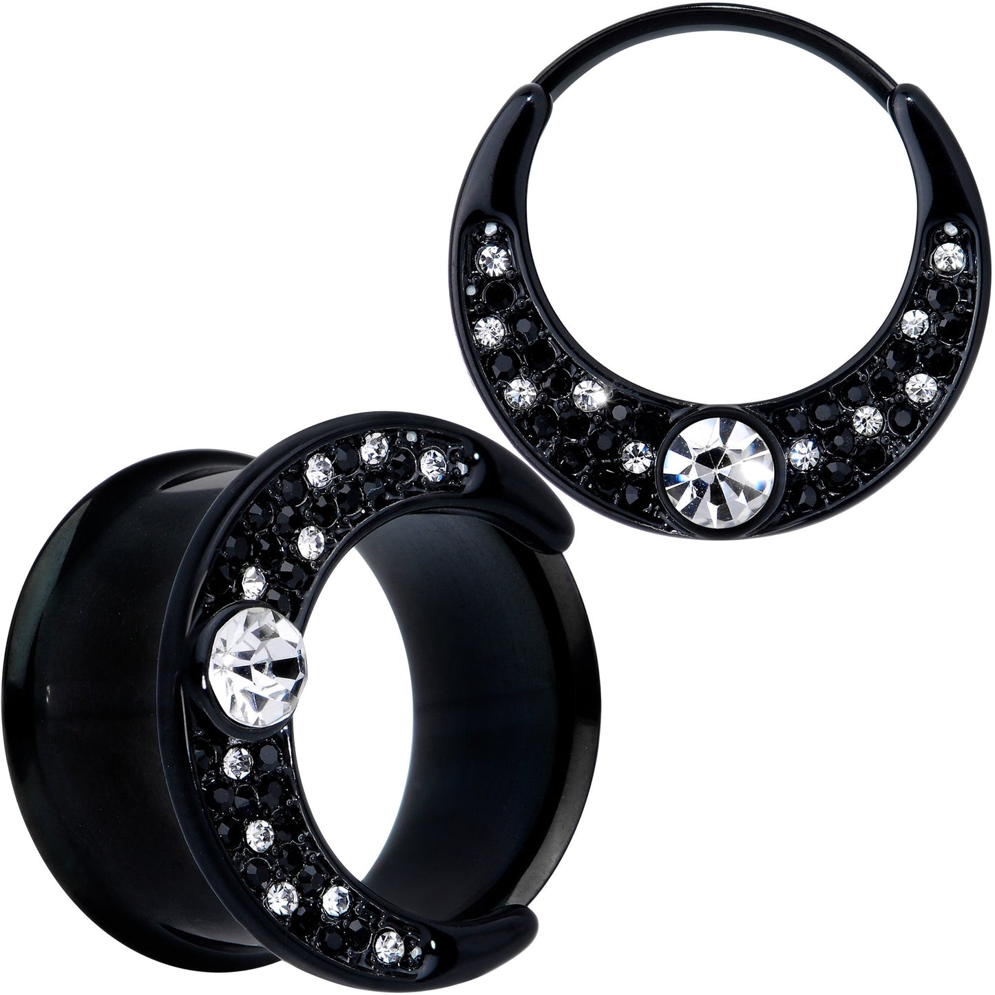 Clear Gem Black Crescent Moon Double Flare Tunnel Plug Set