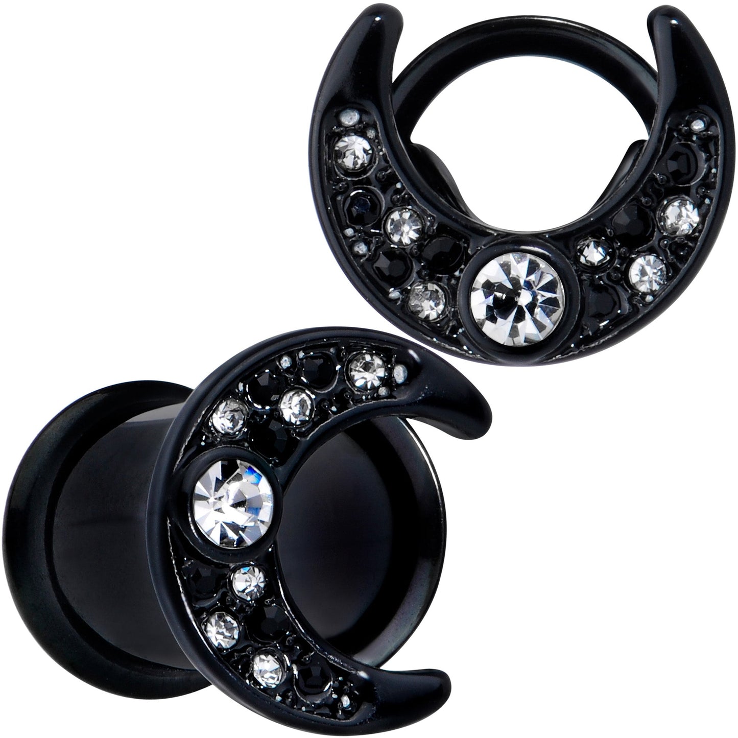 Clear Gem Black Crescent Moon Double Flare Tunnel Plug Set