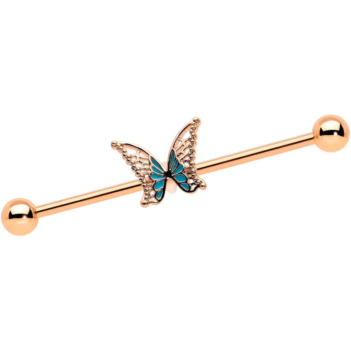 14G Rose Gold Tone Bit of Blue Butterfly Industrial Barbell 38mm