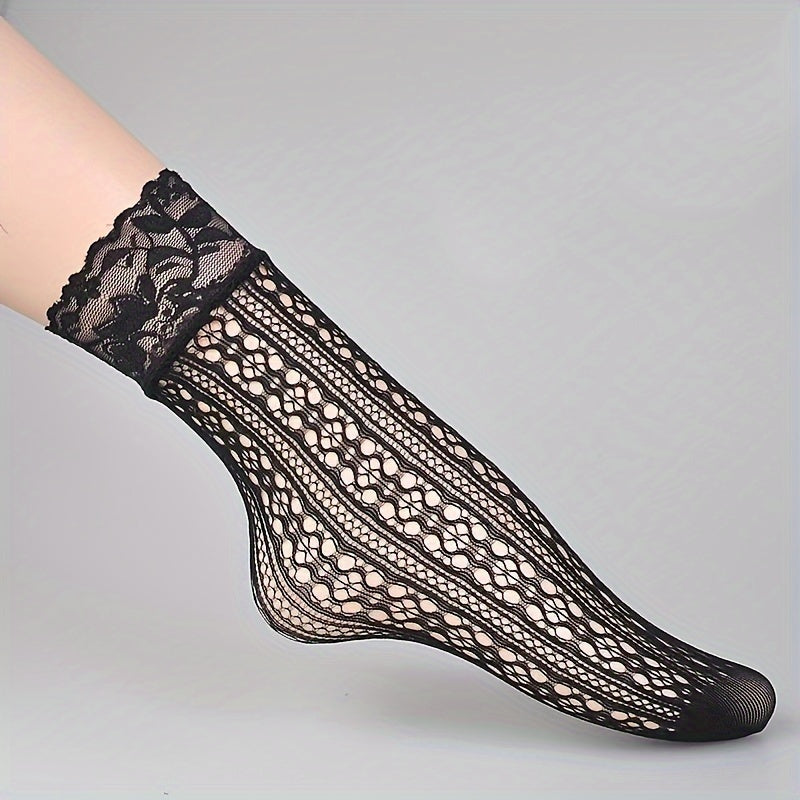 6 Pairs Floral Lace Fishnet Socks, Ultra-thin Ankle Socks, Women's Stockings & Hosiery