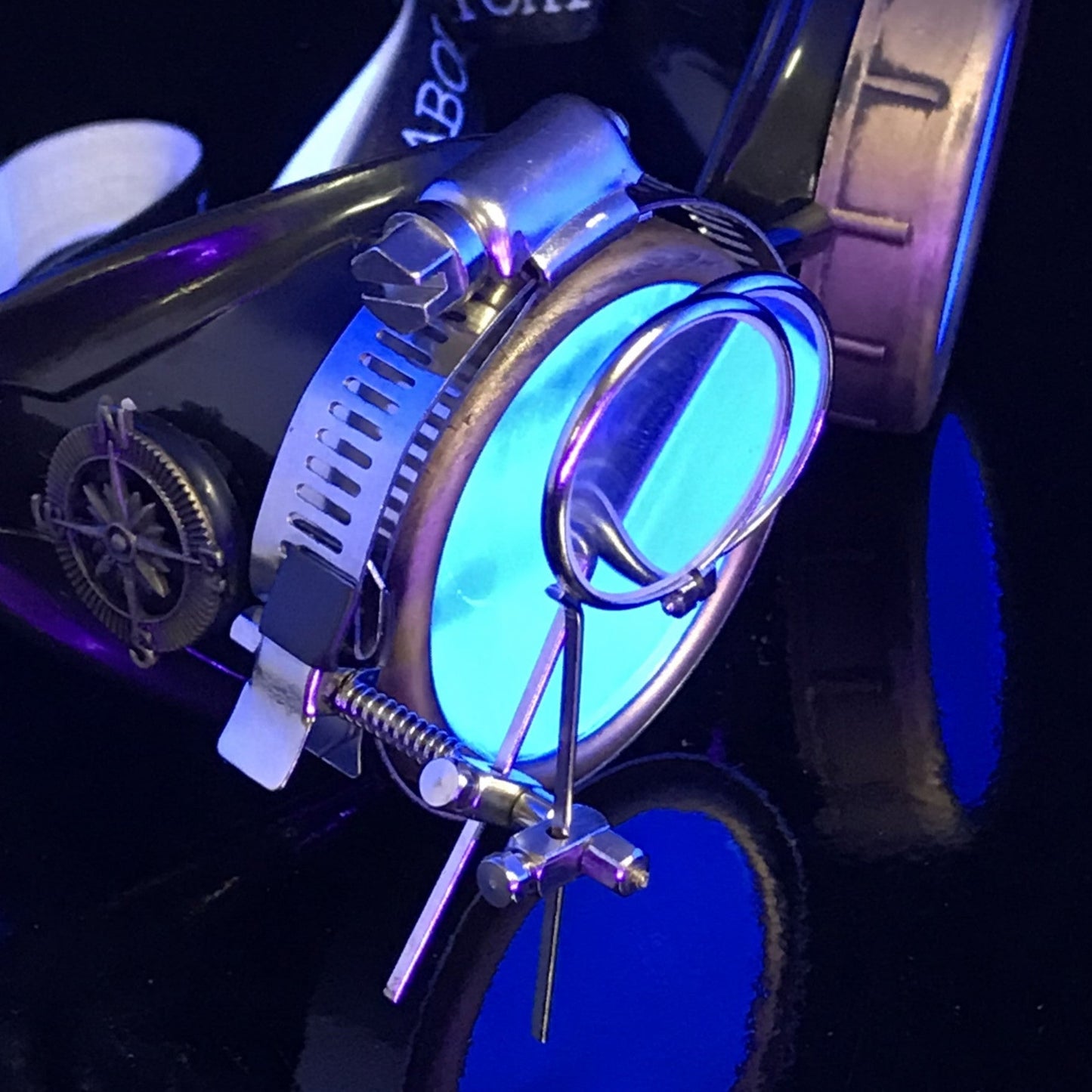 Steampunk Goggles with magnifying loupes UV glow neon blue spiral diffraction lenses