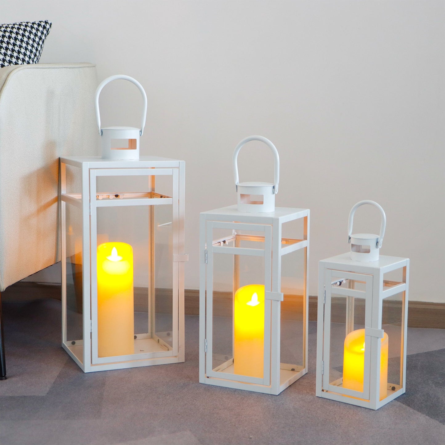 Metal Candle Lantern Set (3pcs, 12/15/19"): Tall Hanging, Tempered Panels, White (Indoor/Outdoor)