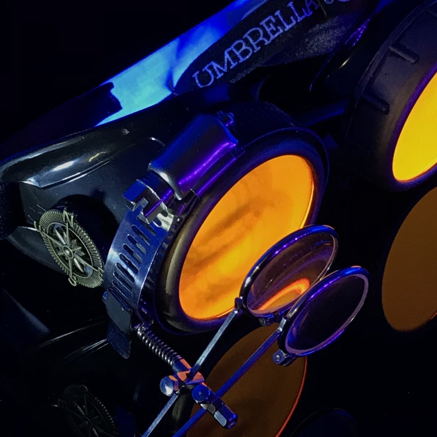 Steampunk Goggles with magnifying loupes UV glow neon orange lenses