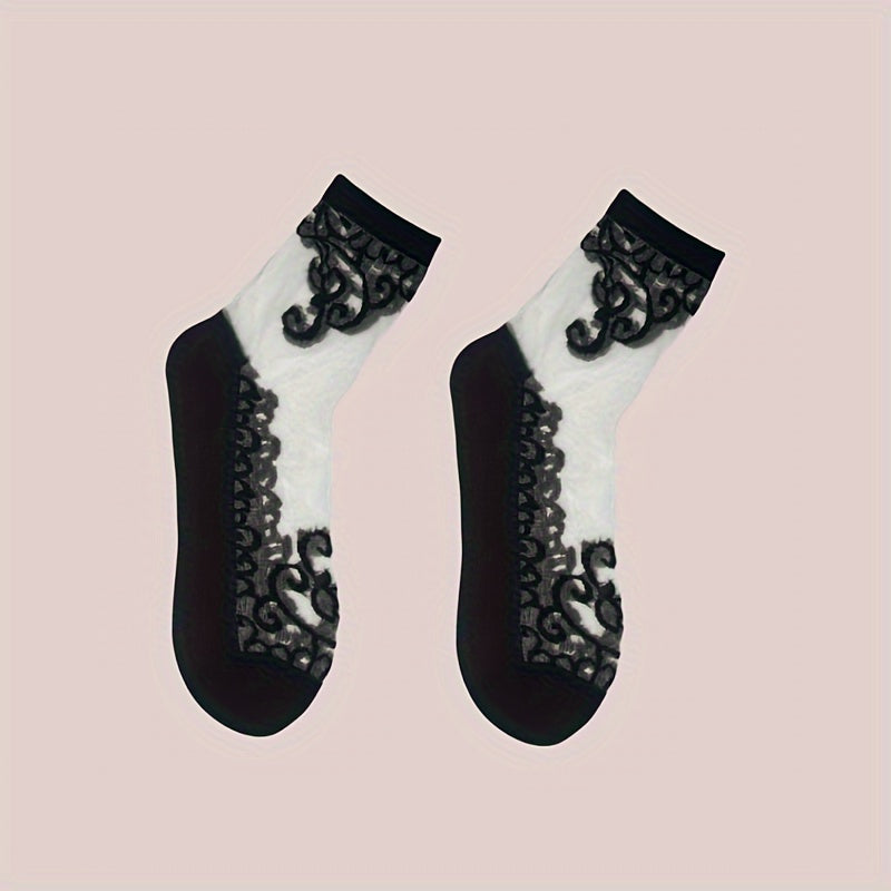 5 Pairs Embroidered Mesh Socks, Thin & Comfy Mid Tube Socks, Women's Stockings & Hosiery