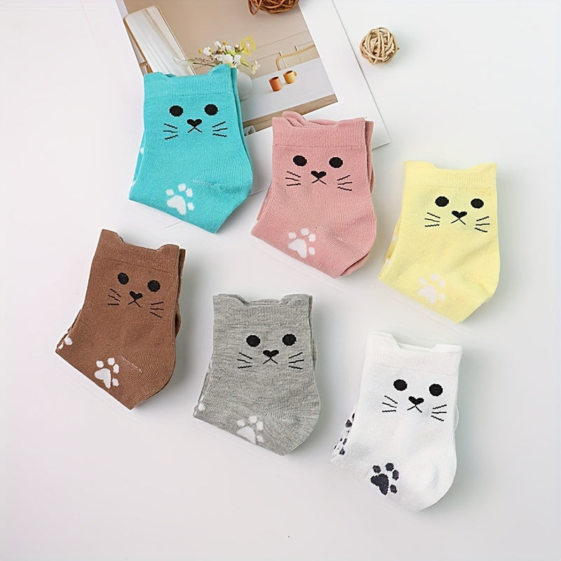 6pcs Cute Cartoon Cat & Paw Print Mid-Calf Socks for Women - Soft Polyester Blend, Machine Washable, Short Socks