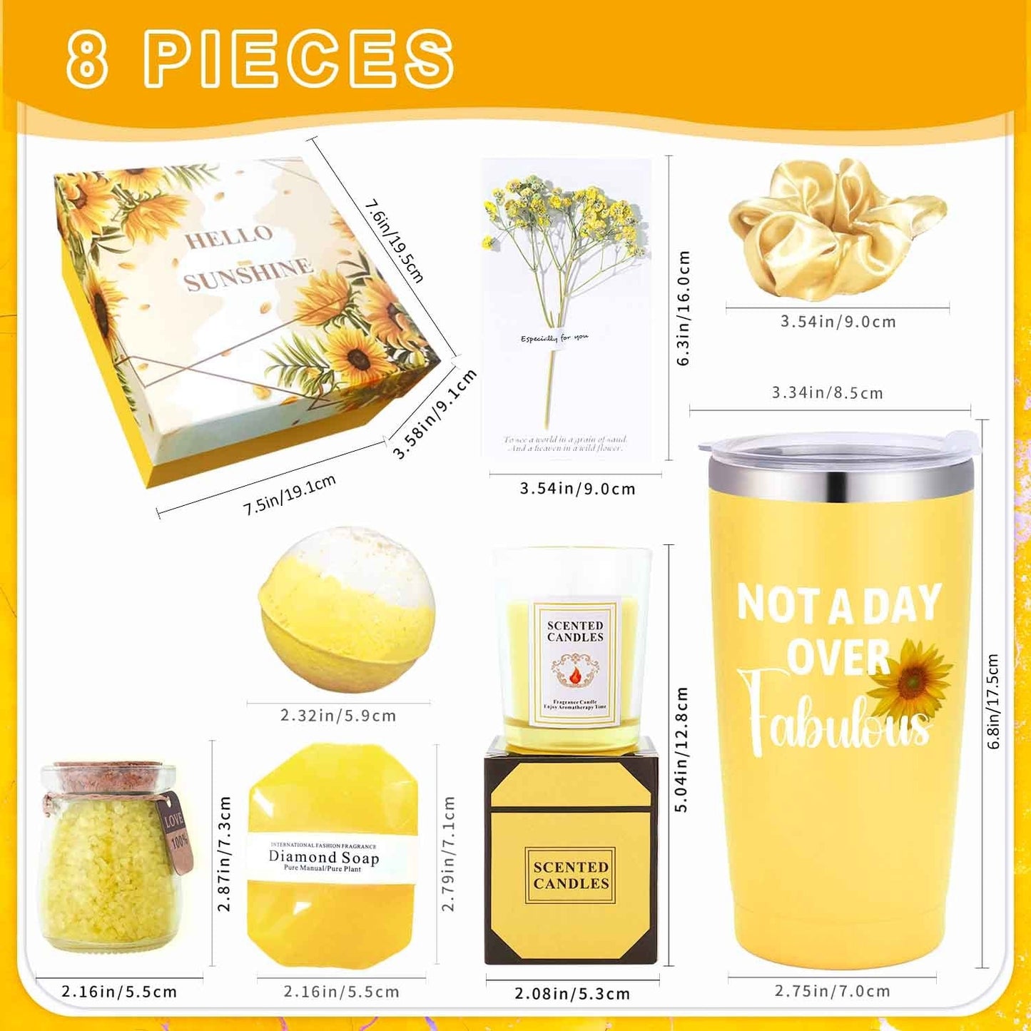 8pcs Fabulous Yellow Gift Set for Women - Includes Insulated Tumbler, Greeting Card, Hair Tie, Scented Candle, Bath Salts, Bath Bomb, Soap, and Elegant Gift Box - Perfect for Christmas & Thanksgiving, Gift Set, Scented Candle