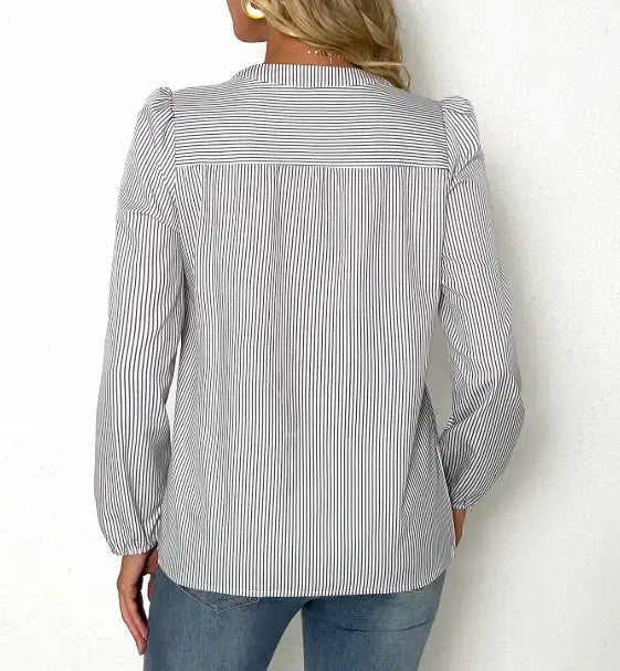 Women's Solid Color V-neck Striped Fashionable Versatile Shirt Top