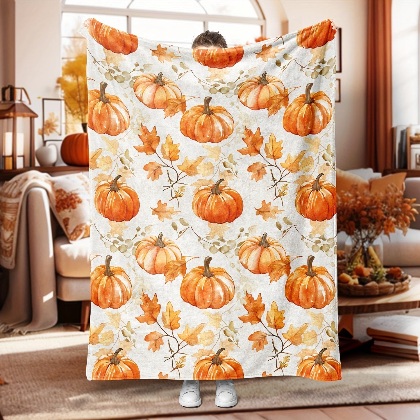 Cozy Flannel Thanksgiving Blanket - Rustic Pumpkin & Maple Leaf Design, Soft Orange Throw for Sofa, Bedroom, Camping - Perfect Fall Decor Gift