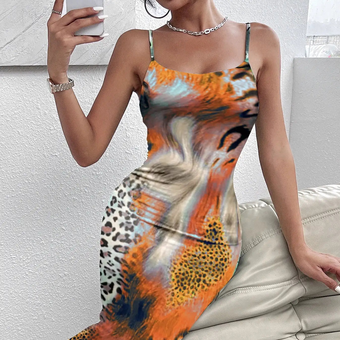 Ladies' Leopard Print Elegant Slimming Vacation Style Suspender Sexy Off Shoulder Dress