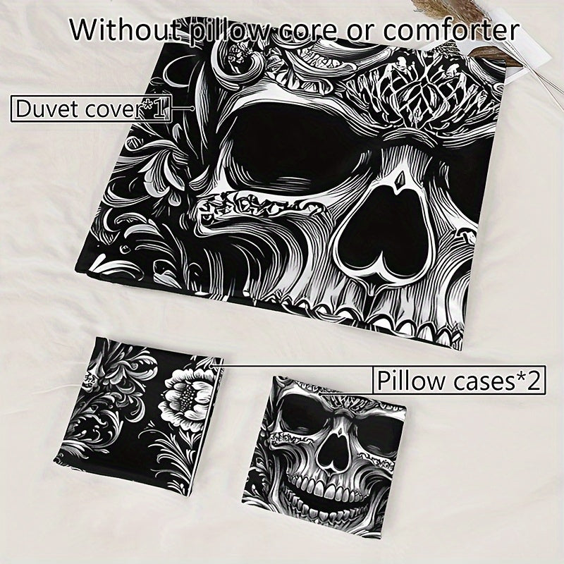 Gothic Nocturne Skull Duvet Cover Set: 3pcs All-Season Breathable Masterpiece for Dark Decor Enthusiasts - Premium duvet from Lizard Vigilante - Just $42.99! Shop now at Lizard Vigilante