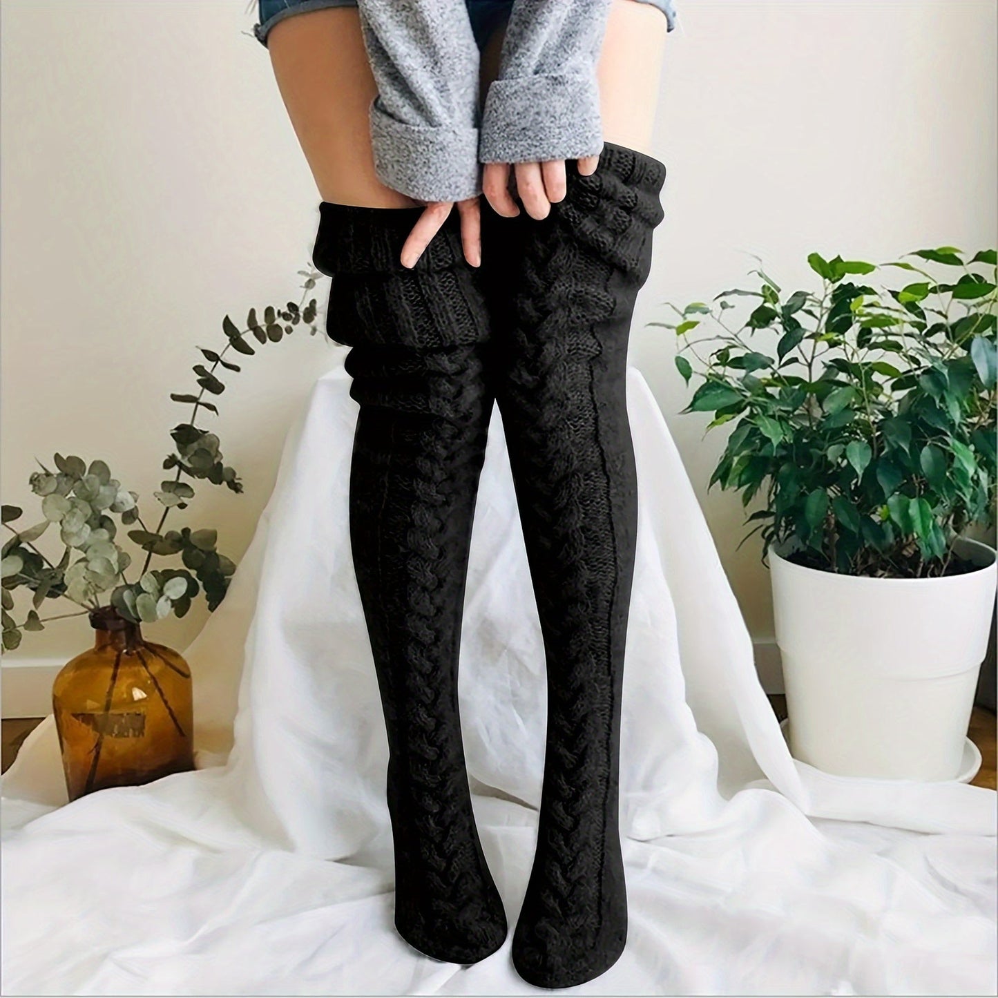 Cozy Knitted Thigh High Socks, Warm & Simple Over The Knee Socks, Women's Stockings & Hosiery