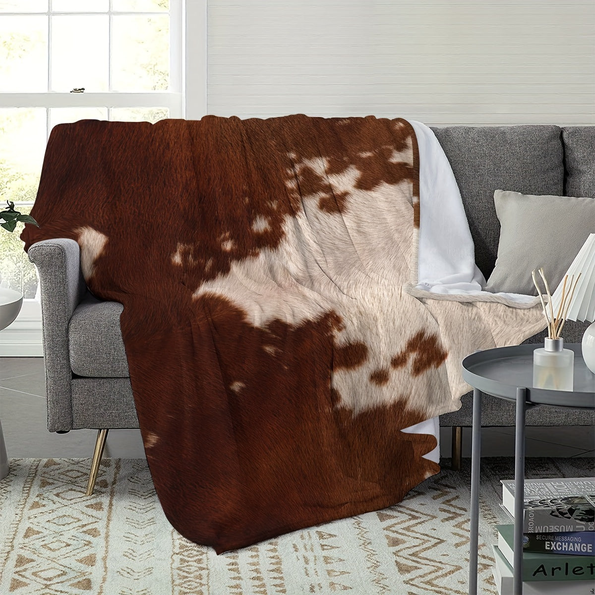 1pc Soft Flannel Rustic Cowhide Printed Blanket Shawl - Throws for Sofa, Lunch Break, and Napping - Ultra-Soft, Skin-Friendly, Casual, Multi-Purpose, and Perfect for Indoor and Outdoor Use