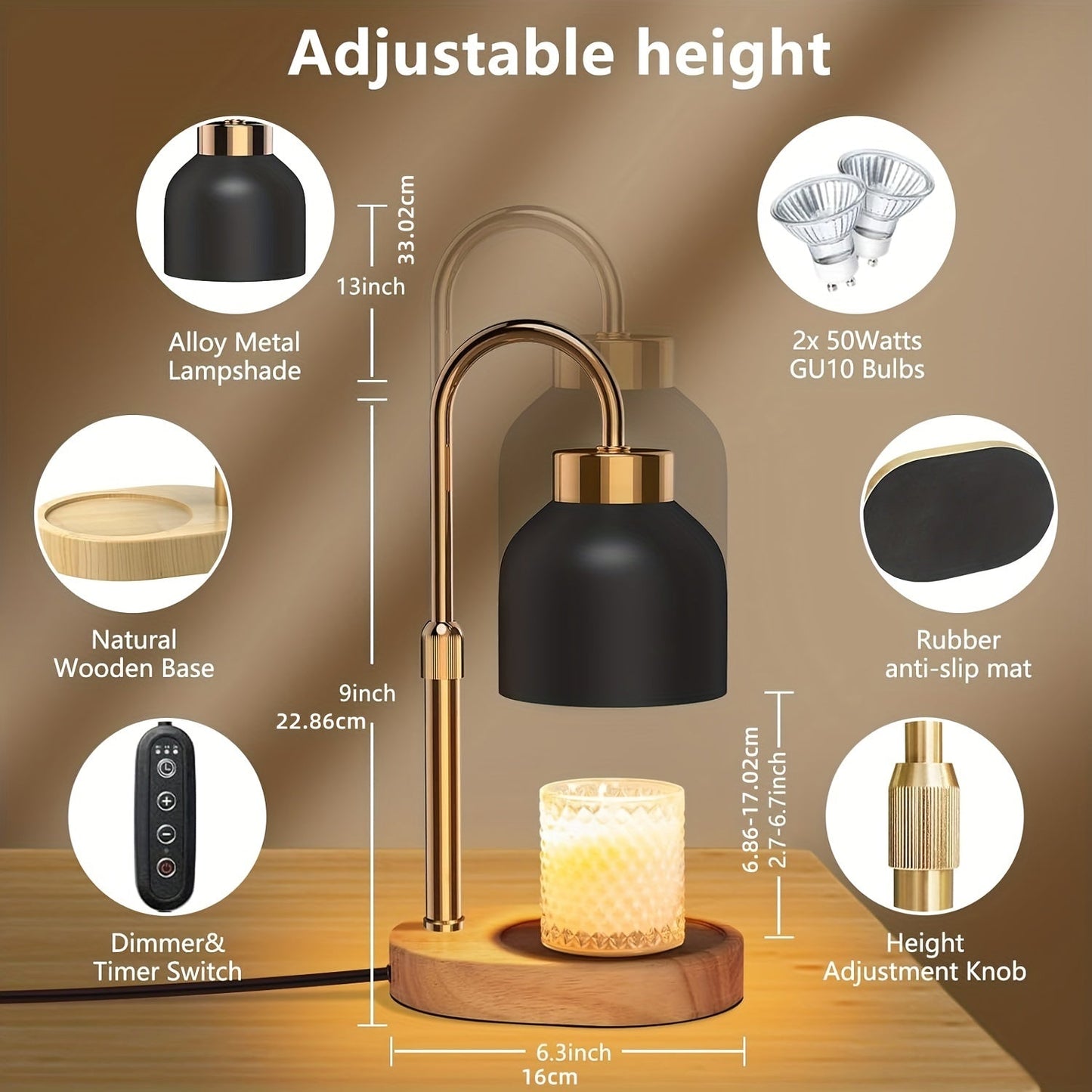 Adjustable Height Dimmable Candle Lamp Warmer With Timer Compatible With Large Jar Candles No Flame Scented Candle Wax Warmer With 2 Bulbs Mothers Day Gift Bedroom Home Decor