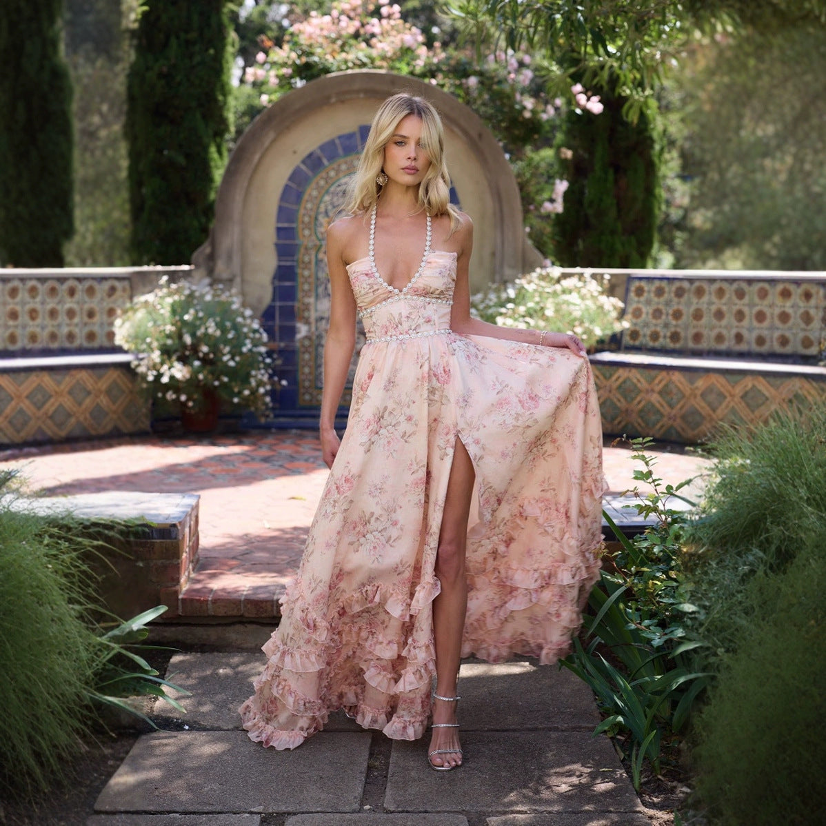 Printed Slim-fit Expansion Skirt For Vacation Suspender Dress