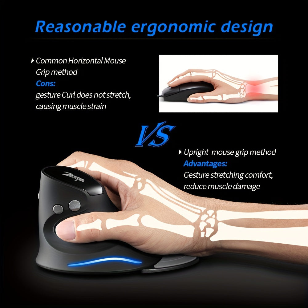 ZELOTES Ergonomic Wrist Rest Mouse, 2.4G Vertical Wireless Gaming Mouse, Comfort Grip, Right Hand Orientation, Battery Powered (Batteries Not Included), 393.7inch Range, Plastic Material, No Charging Function, ≤36V Operatin