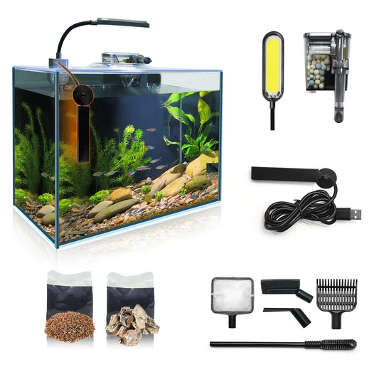 3 Gallon Betta Fish Tank Small Aquarium Starter Kit with Heater Self Cleaning System Efficiency Filter Bright Light Rocks Gravel Cleaning Tool Set HD Float Complete Glass Leak-Proof Gift Present