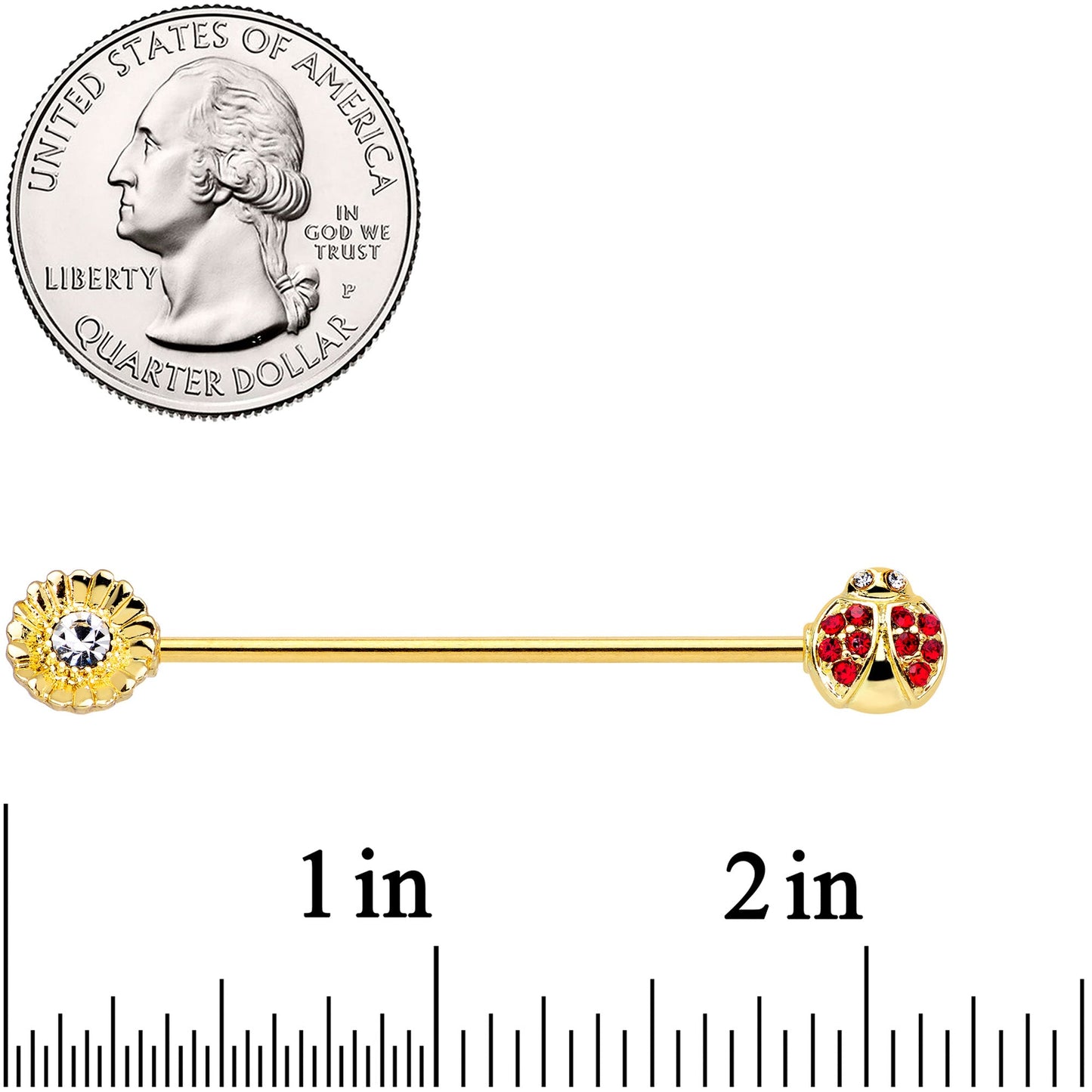 14G Red Gem Gold Tone Ladybug Flower Industrial Barbell 38mm