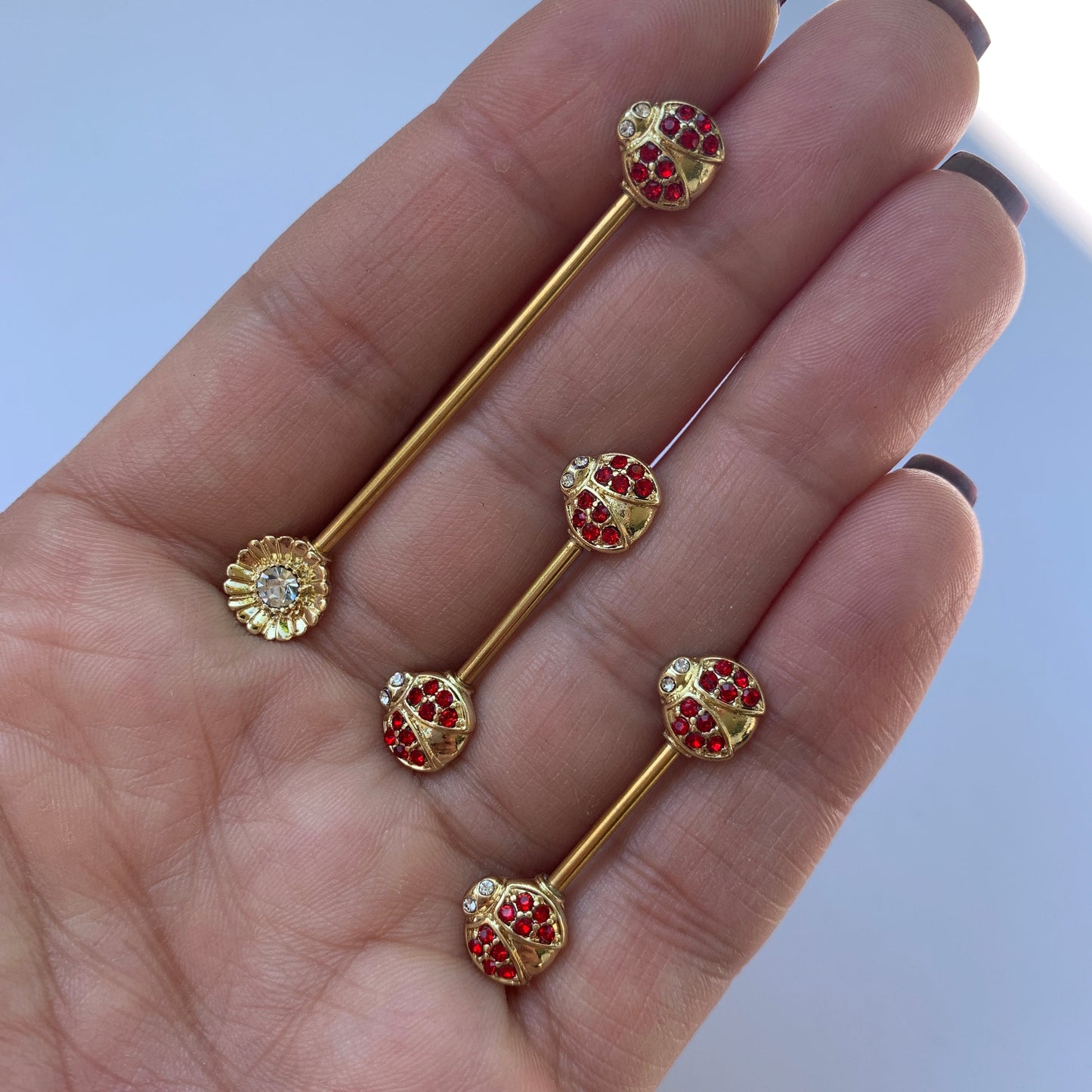 14G Red Gem Gold Tone Ladybug Flower Industrial Barbell 38mm