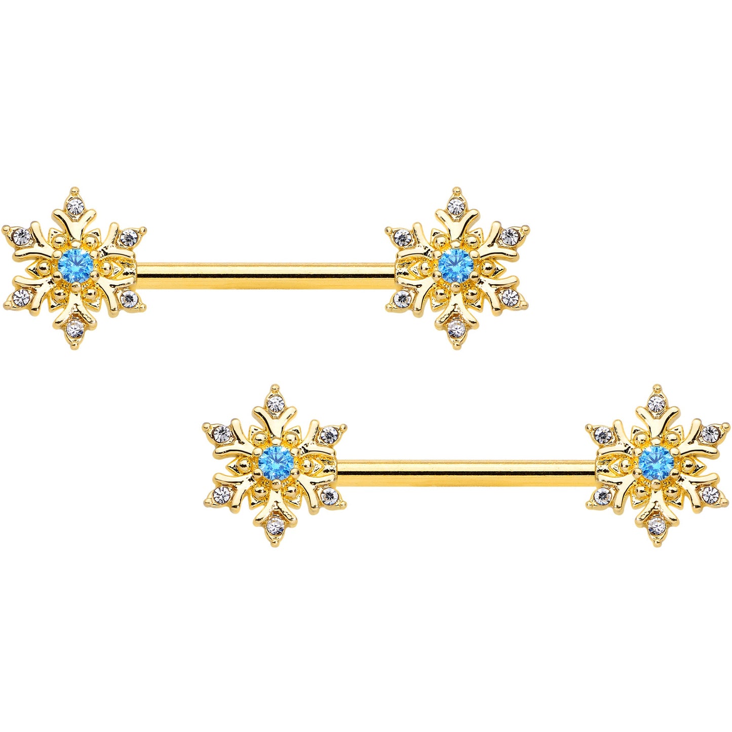 14G 9/16 Blue CZ Gem Gold Tone Snowflake Barbell Nipple Ring Set