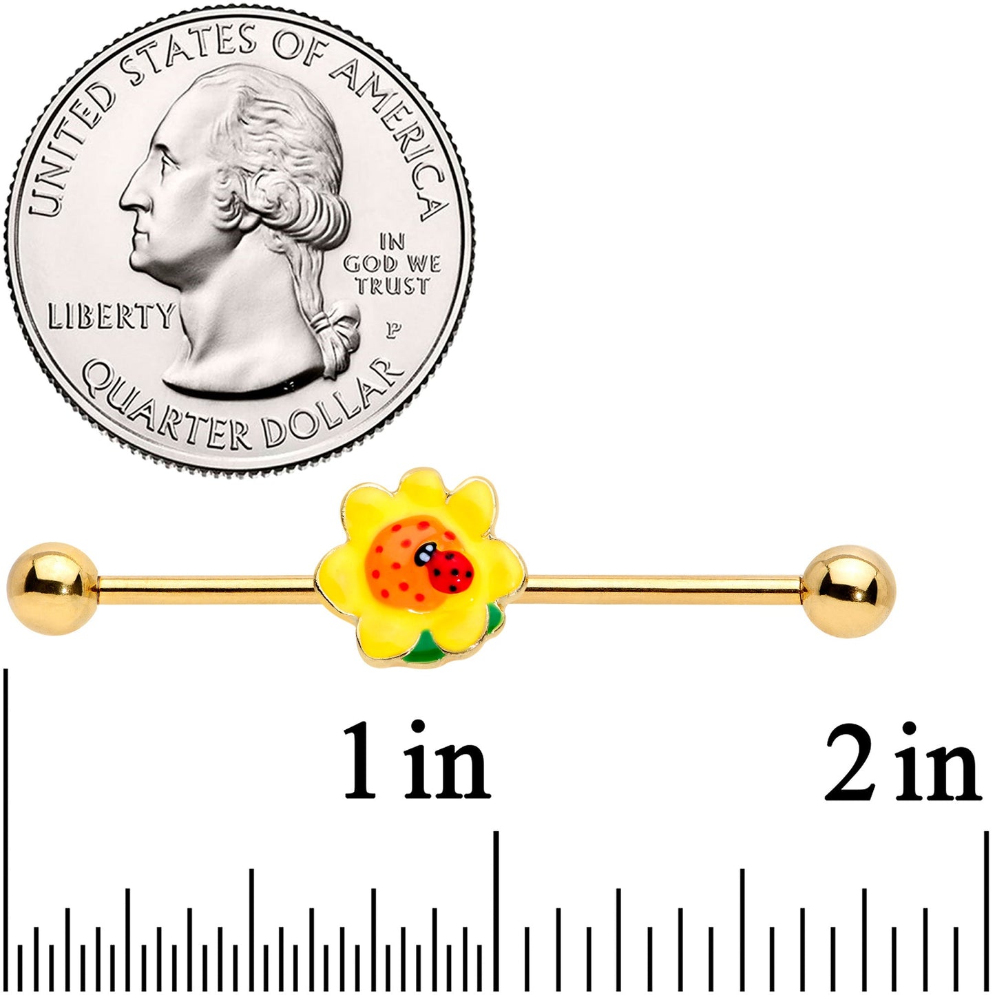 14G Gold Tone Sunny Flower Ladybug Industrial Barbell 38mm