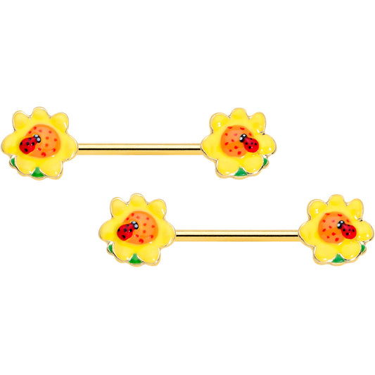 14G 5/8 Gold Tone Sunny Flower Ladybug Barbell Nipple Ring Set