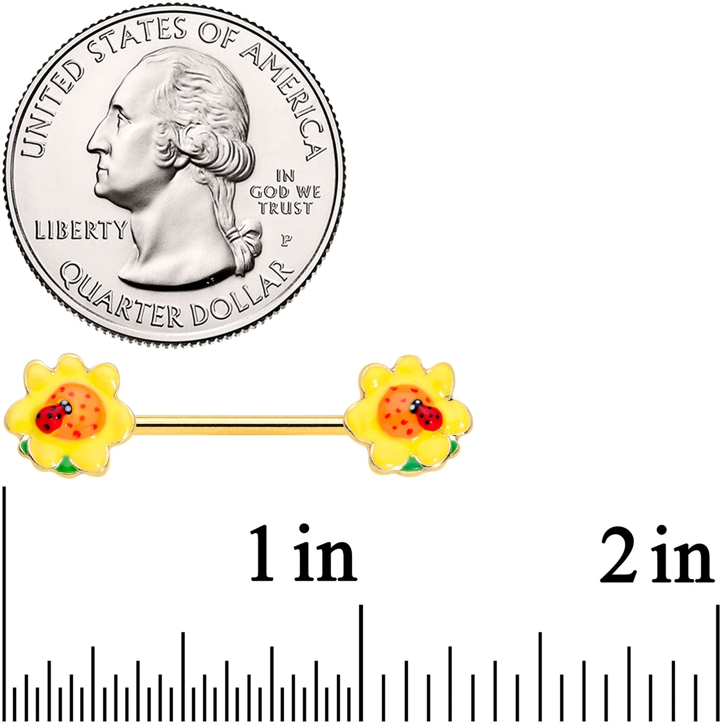 14G 5/8 Gold Tone Sunny Flower Ladybug Barbell Nipple Ring Set