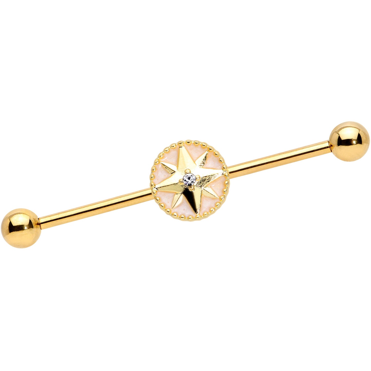 14G Clear Gem Gold Tone Sailors Compass Industrial Barbell 38mm