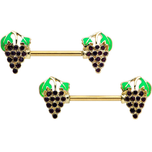 14G 9/16 Gold Tone Delicious Grapes Fruit Barbell Nipple Ring Set