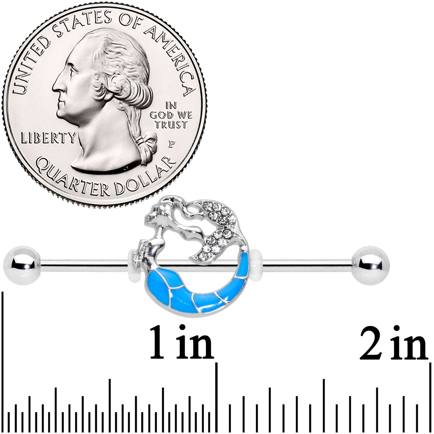 14G Clear Gem Blue Curved Mermaid Industrial Barbell 38mm