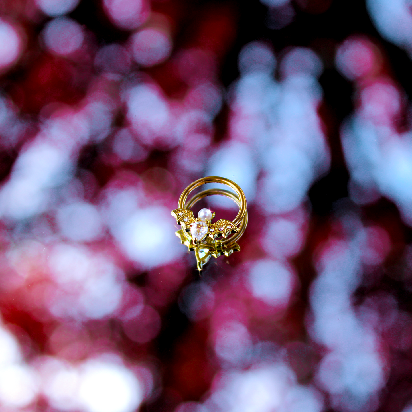 16G 3/8 Clear Gem Gold Tone Bat Halloween Hinged Segment Ring