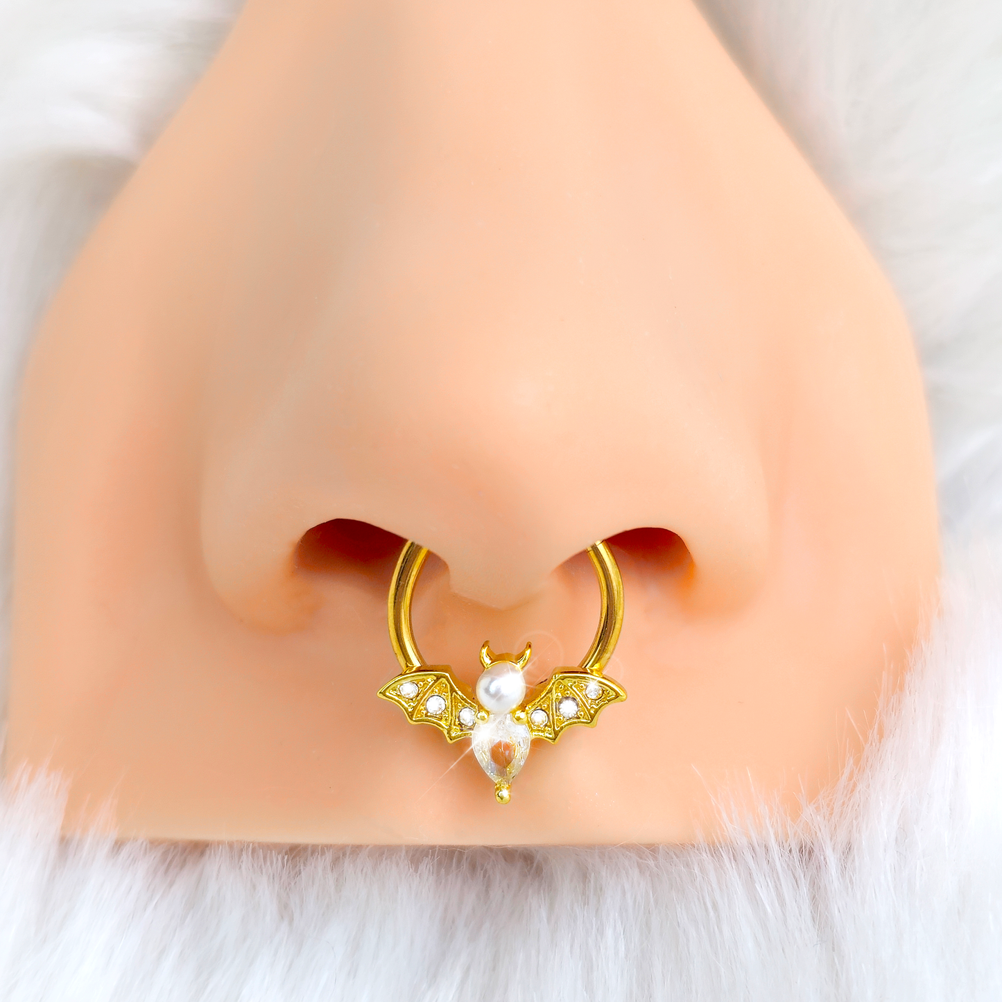 16G 3/8 Clear Gem Gold Tone Bat Halloween Hinged Segment Ring