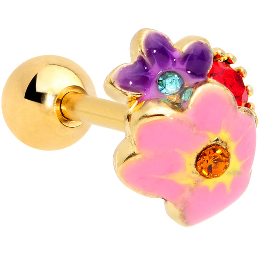 16G 1/4 Red Blue Gem Gold Tone Multi Flower Cartilage Tragus