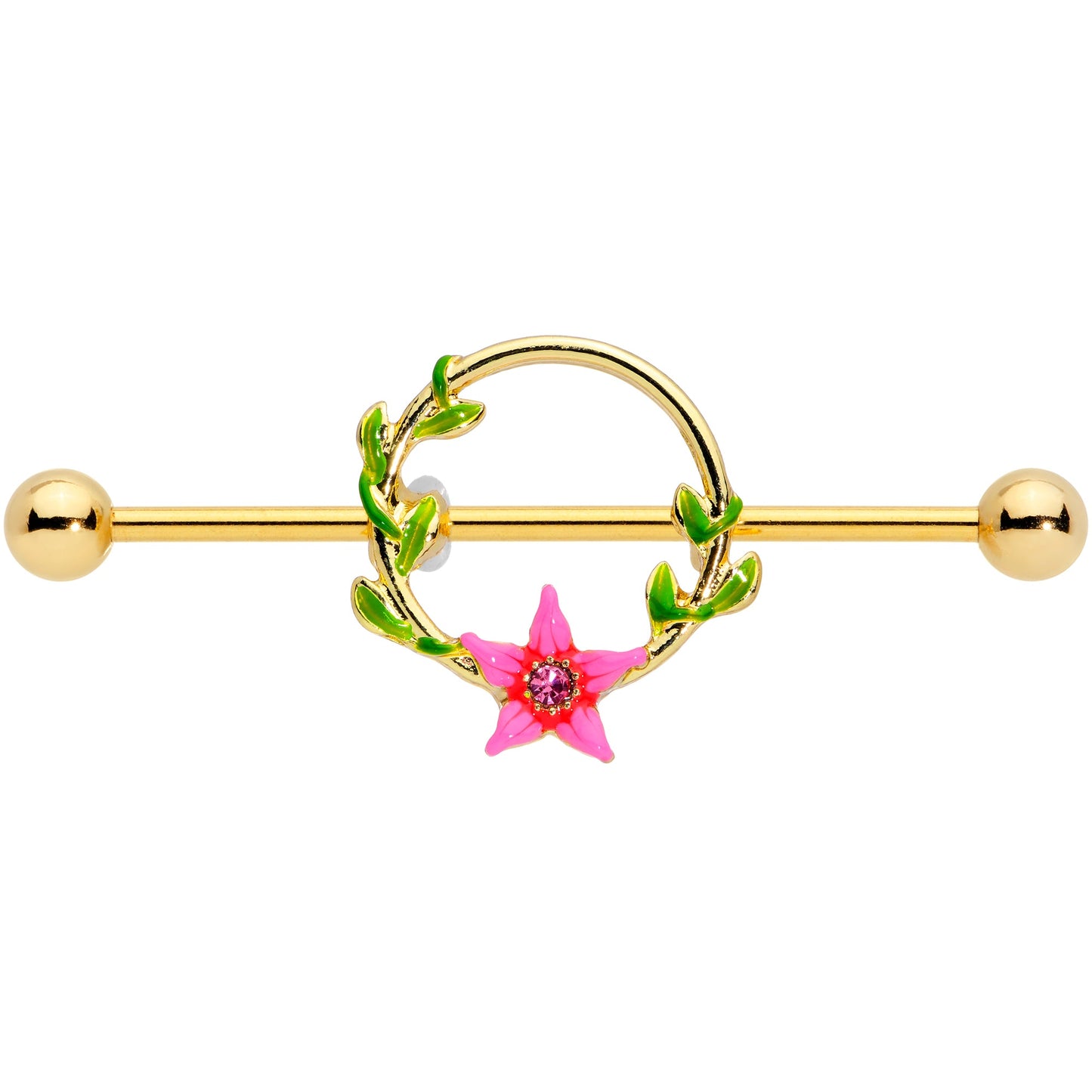 14G Pink Gem Gold Hue Exotic Flower Circle Industrial Barbell 38mm