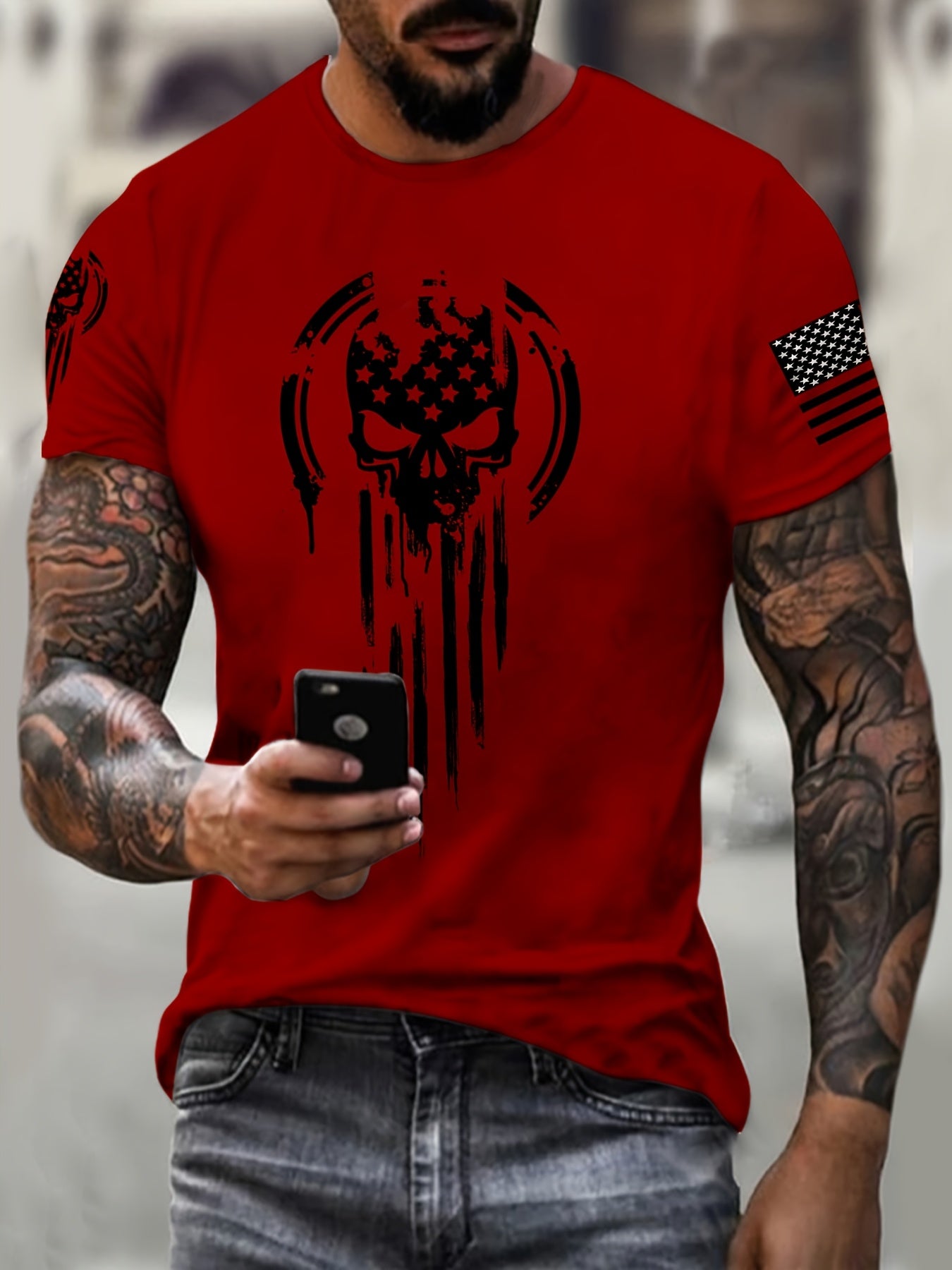 Men's 3D American Warrior Skull Military Print T-Shirt – Casual Sports Crew Neck, Polyester Knit with Slight Stretch - Premium T-Shirts from Lizard Vigilante - Just $29.99! Shop now at Lizard Vigilante