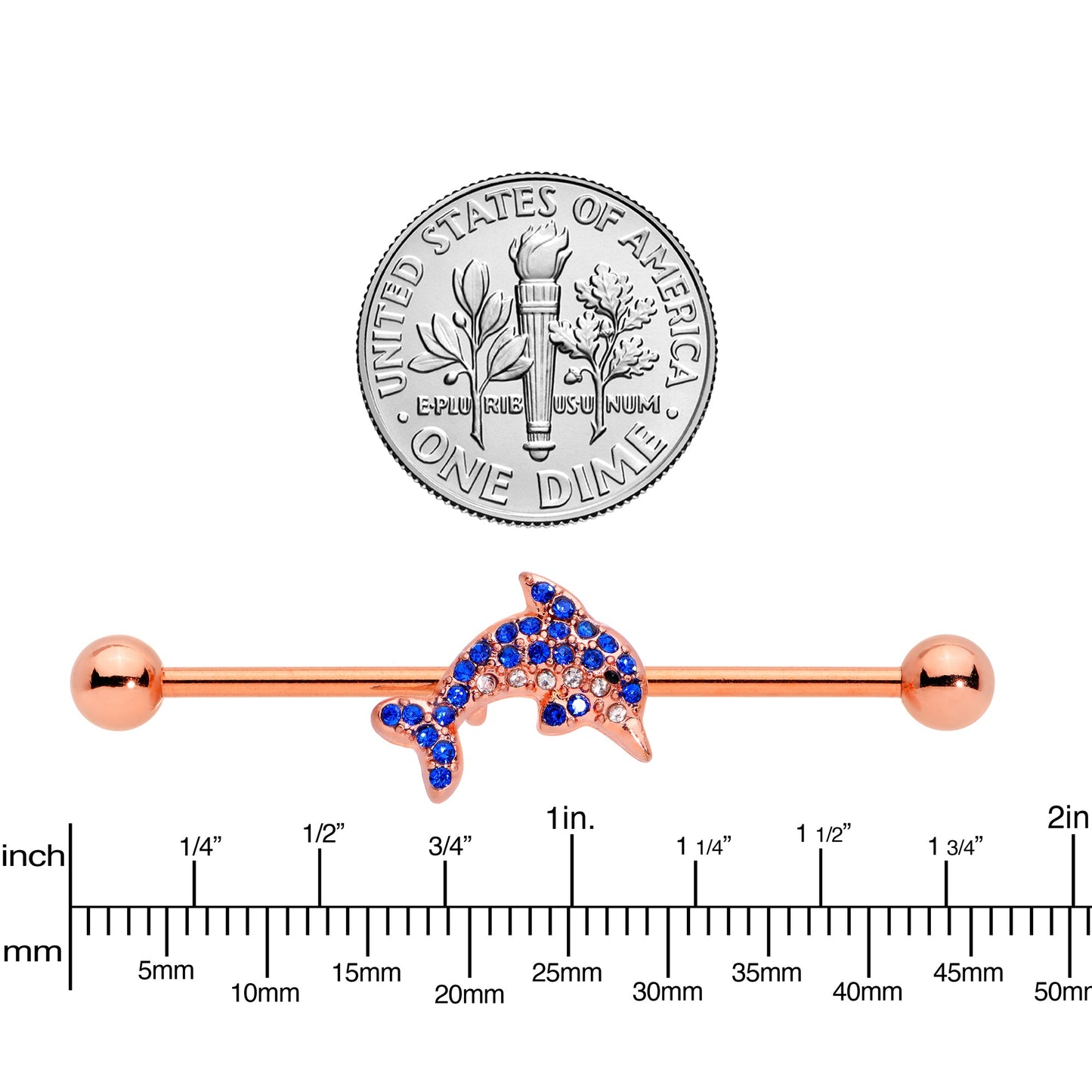 14G Blue Gem Rose Gold Tone Dolphin Industrial Barbell 38mm