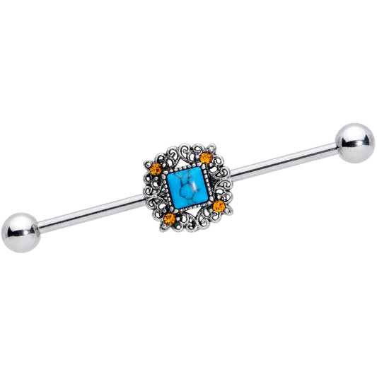 14G Yellow Gem Blue Faux Turquoise Square Industrial Barbell 38mm