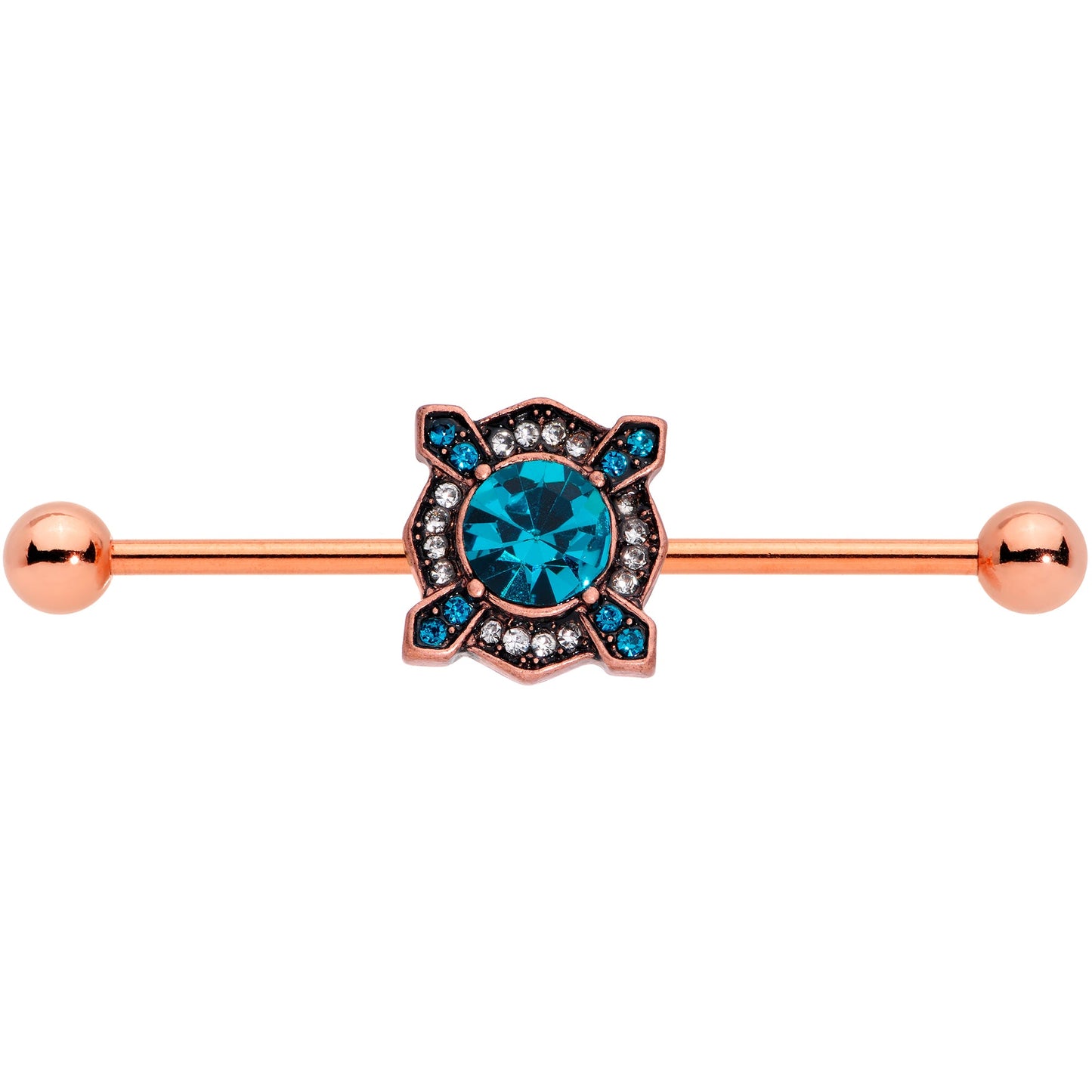 14G Aqua Gem Rose Gold Tone Renaissance Industrial Barbell 38mm