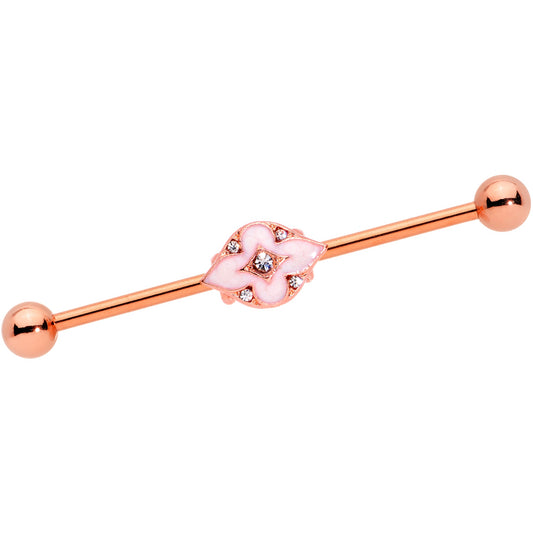 14G Clear Gem Rose Gold Tone Pink Cross Industrial Barbell 38mm